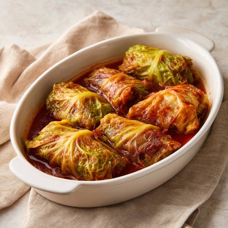 Zarte Krautwickel in Tomatensauce, serviert in einem weißen Auflauf, Nahaufnahme des Gerichts.
