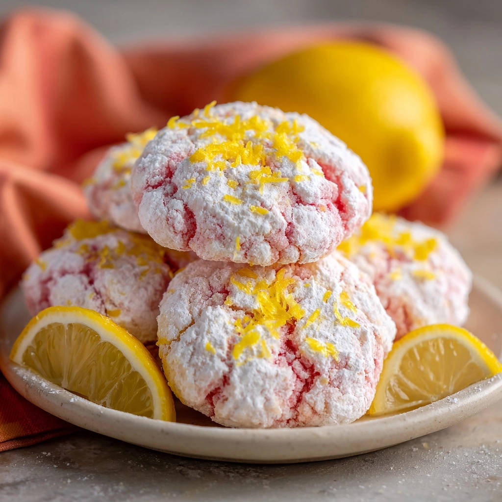 Sommerliche Zitronen-Crinkle-Kekse mit Puderzucker und Zitronenschale garniert, Nahaufnahme auf einem Teller mit Zitronenspalten.
