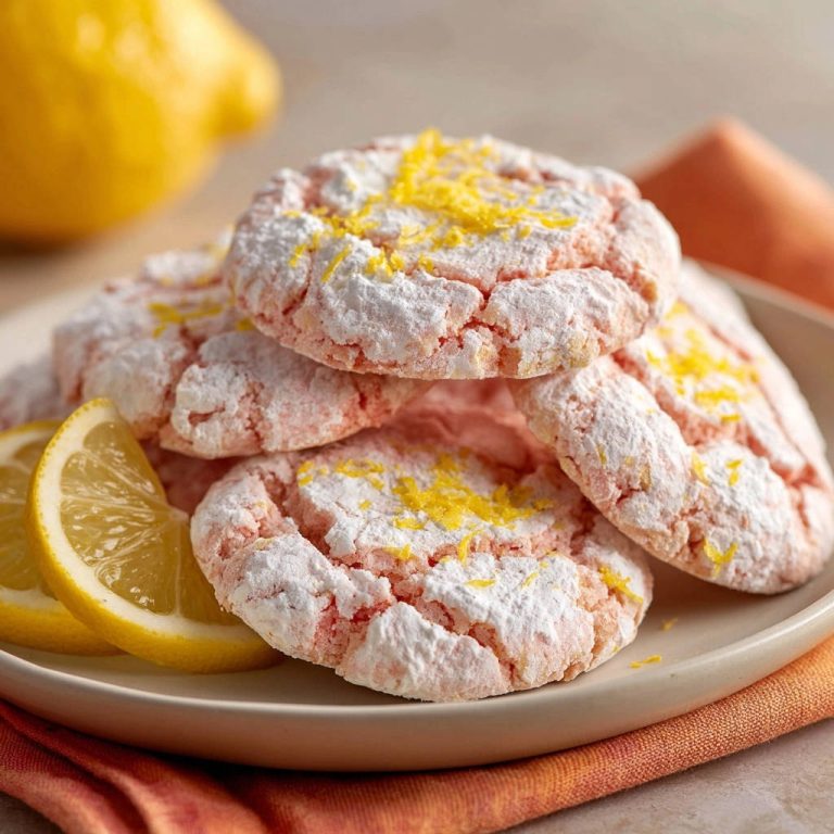 Sommerliche Zitronen-Crinkle-Kekse, bestäubt mit Puderzucker und garniert mit frisch geriebener Zitrone, auf einem Teller mit Zitronenscheiben.