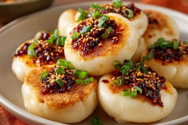 Goldbraune Pfannen-Buns mit Chili-Sesam-Topping