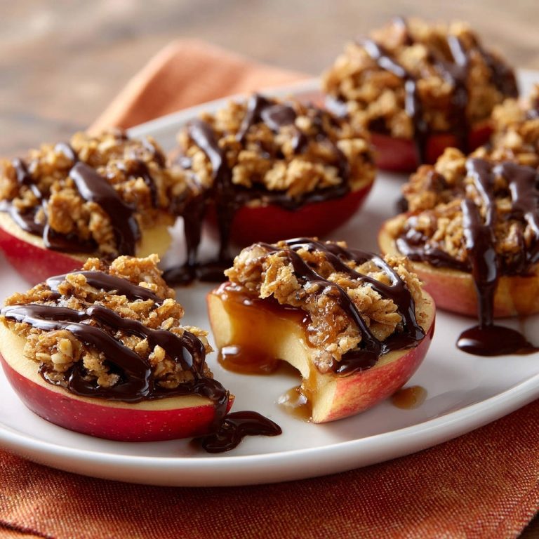 Apfel-Crumble-Hälften mit Karamell & Schoko, angeschnitten mit sichtbarem saftigem Inneren und knuspriger Kruste.
