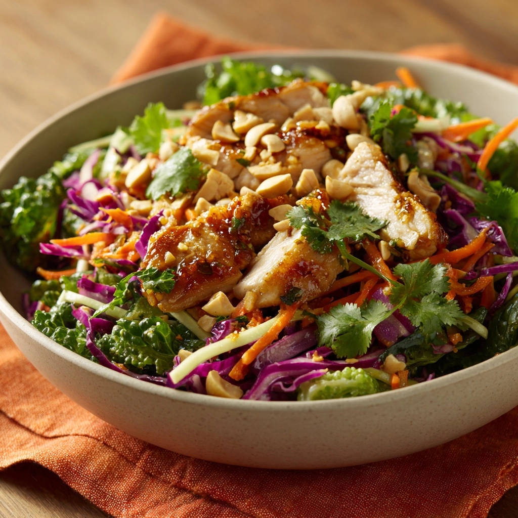 Asiatischer Erdnuss-Hähnchen-Salat mit Nüssen garniert, präsentiert in einer Schüssel mit frischen Zutaten.