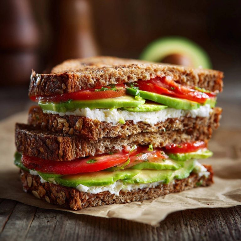 Sommerliches Avocado-Tomaten-Sandwich angeschnitten, das die Schichten aus Brot, Avocado, Tomate und Frischkäse zeigt.