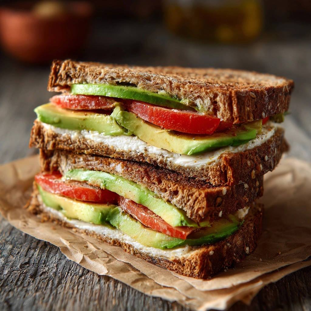 Sommerliches Avocado-Tomaten-Sandwich als Querschnitt gestapelt, zeigt die frischen Zutaten und knuspriges Brot.