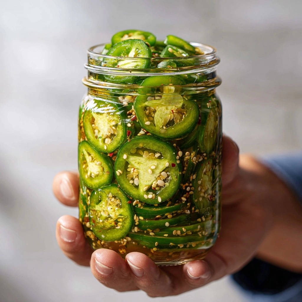 Blitz-Jalapeños in einem Einmachglas, die knackigen Scheiben sind mit Kernen und Gewürzen in einer Flüssigkeit eingelegt.
