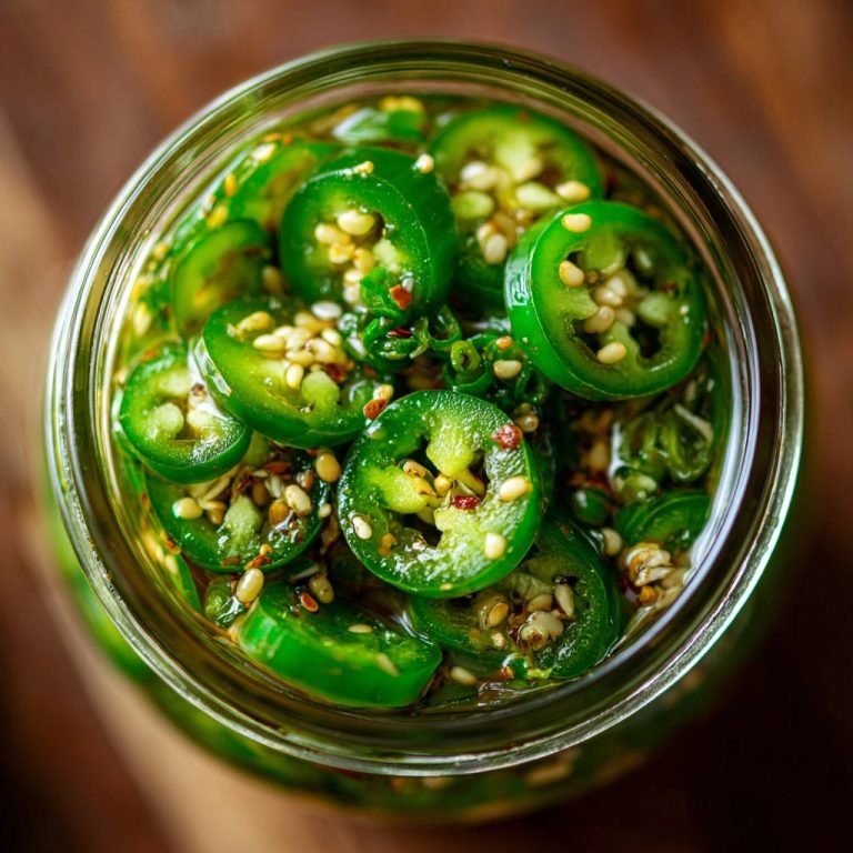 Blitz-Jalapeños im Glas von oben fotografiert, mit geschnittenen Chilis und Gewürzen in der Lake.