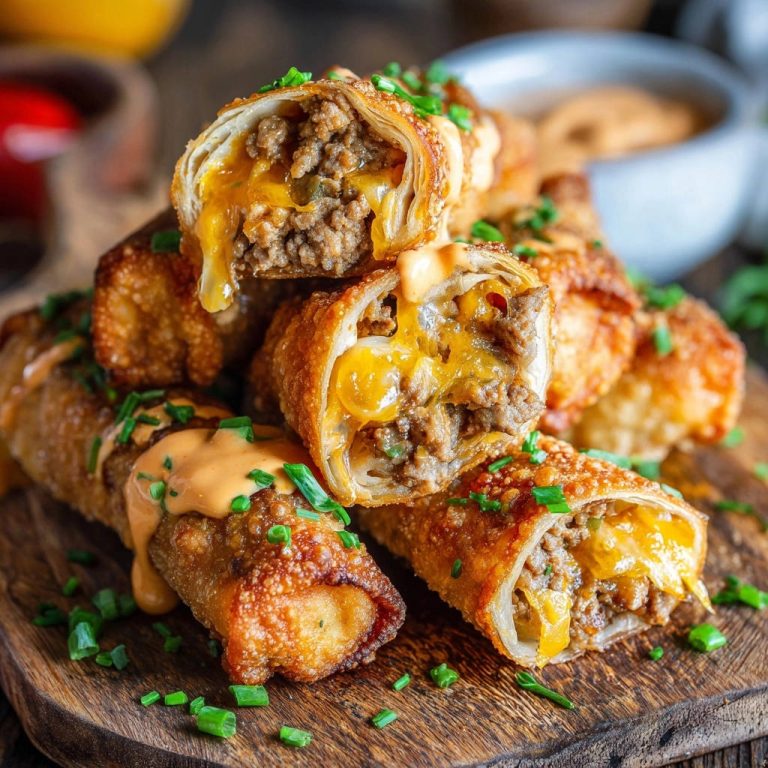 Knusprige Cheeseburger-Rollen angeschnitten, mit geschmolzenem Käse und Hackfleischfüllung, garniert mit Schnittlauch.