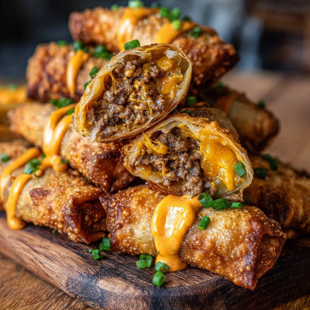 Knusprige Cheeseburger-Rollen angeschnitten mit geschmolzenem Käse und Sauce, garniert mit Frühlingszwiebeln auf einem Holzbrett.
