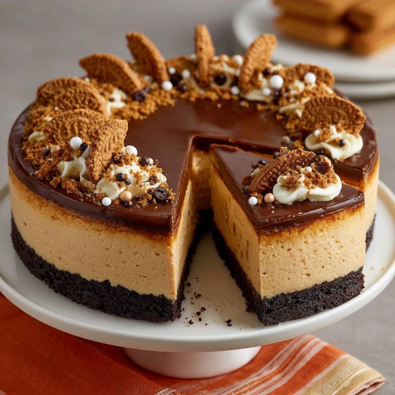 Cremiger Biscoff-Cheesecake, angeschnitten auf einem weißen Kuchenständer, mit Schokoladenglasur und Keksstücken garniert.