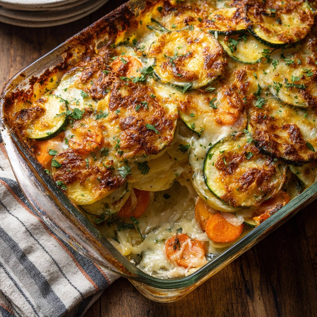 Cremiger Kartoffel-Zucchini-Gratin als Nahaufnahme mit geschmolzenem Käse und Kräutern garniert.