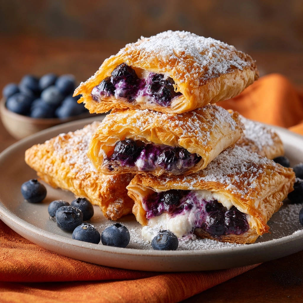 Cremige Blaubeer-Blätterteigtaschen angeschnitten mit sichtbarer Blaubeerfüllung und Puderzucker bestäubt.
