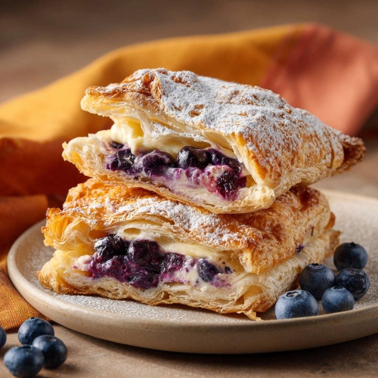 Cremige Blaubeer-Blätterteigtaschen angeschnitten, die die Füllung aus Blaubeeren und Creme offenbaren.