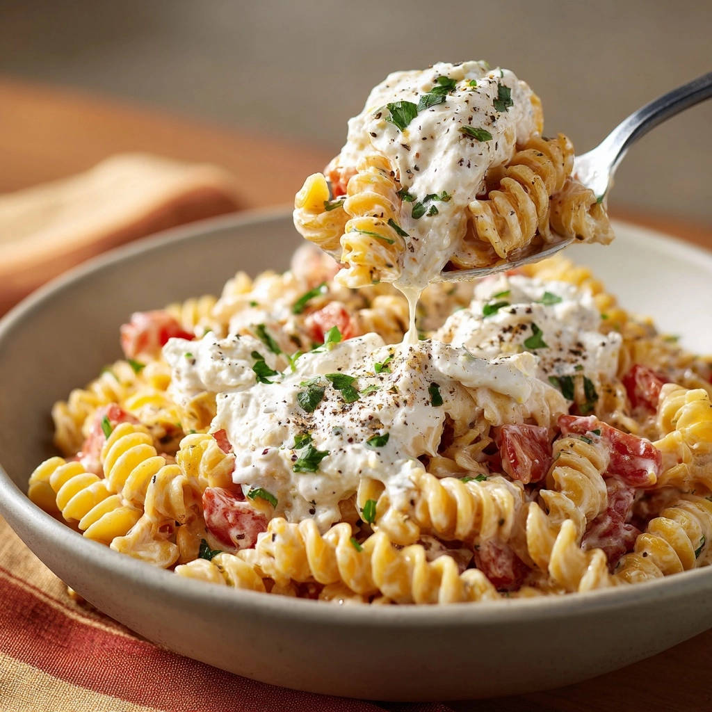 Cremige Fusilli mit Ricotta & Tomaten, eine Gabel voller Nudeln mit cremigem Ricotta-Topping und Petersilie.