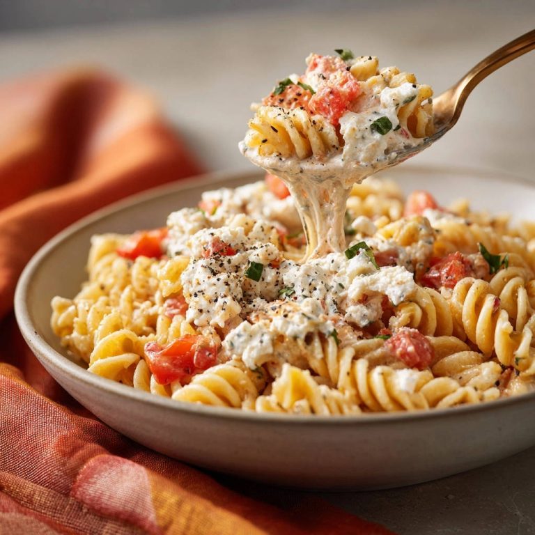 Cremige Fusilli mit Ricotta und Tomaten, mit einem Löffel herausgenommen und die käseartige Konsistenz zeigend.