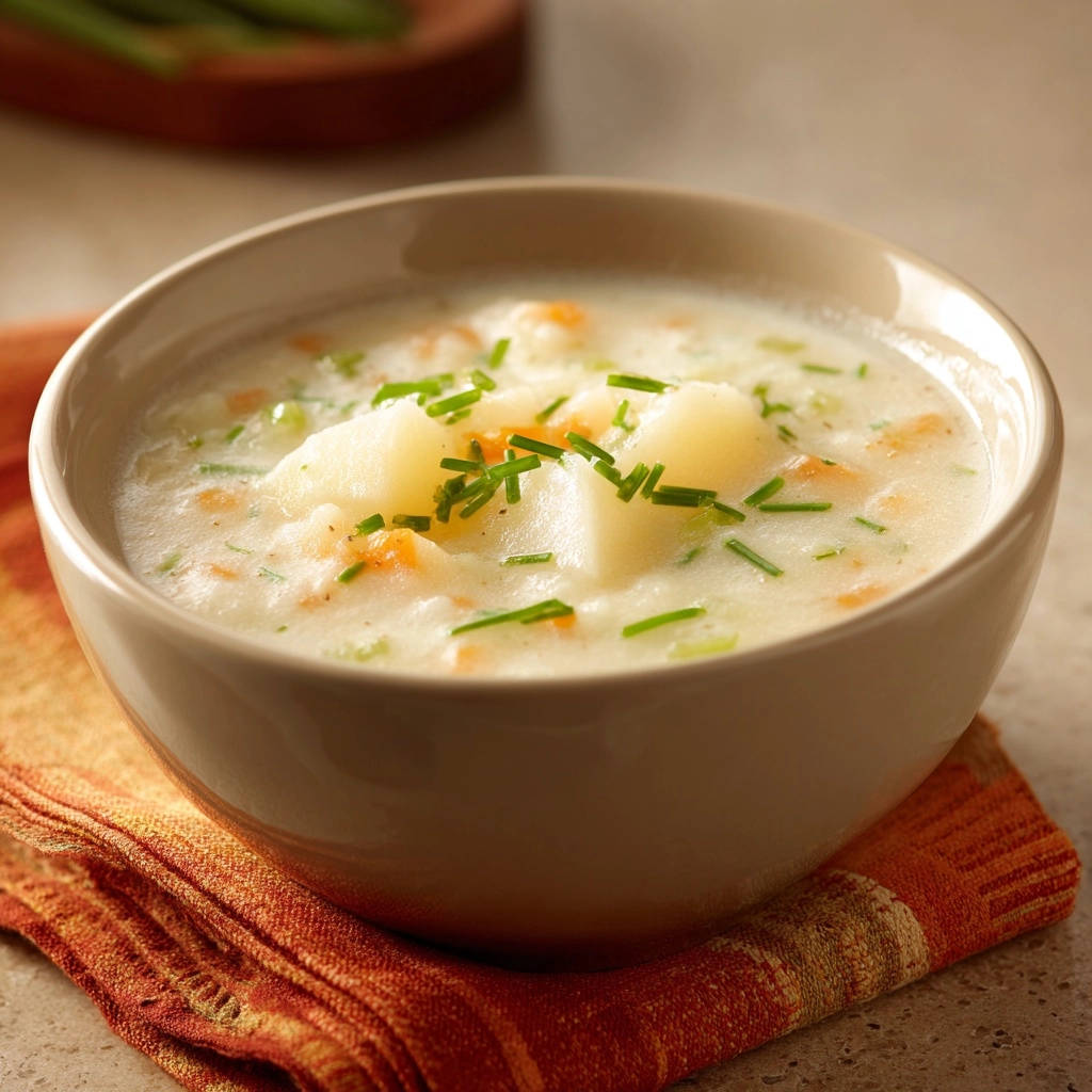 Cremige Kartoffelsuppe mit stückigen Kartoffeln und frischer Schnittlauch-Garnitur in einer beige Schüssel.