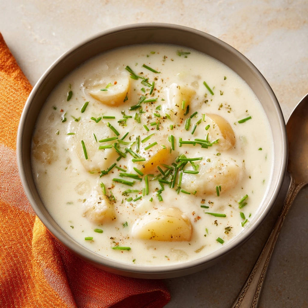 Cremige Kartoffelsuppe garniert mit frischen Schnittlauchringen und serviert in einer grauen Schüssel.