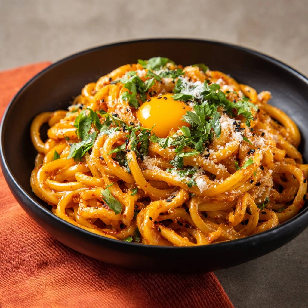 Cremige Umami Udon mit einem rohen Eigelb, garniert mit Petersilie und Sesam.