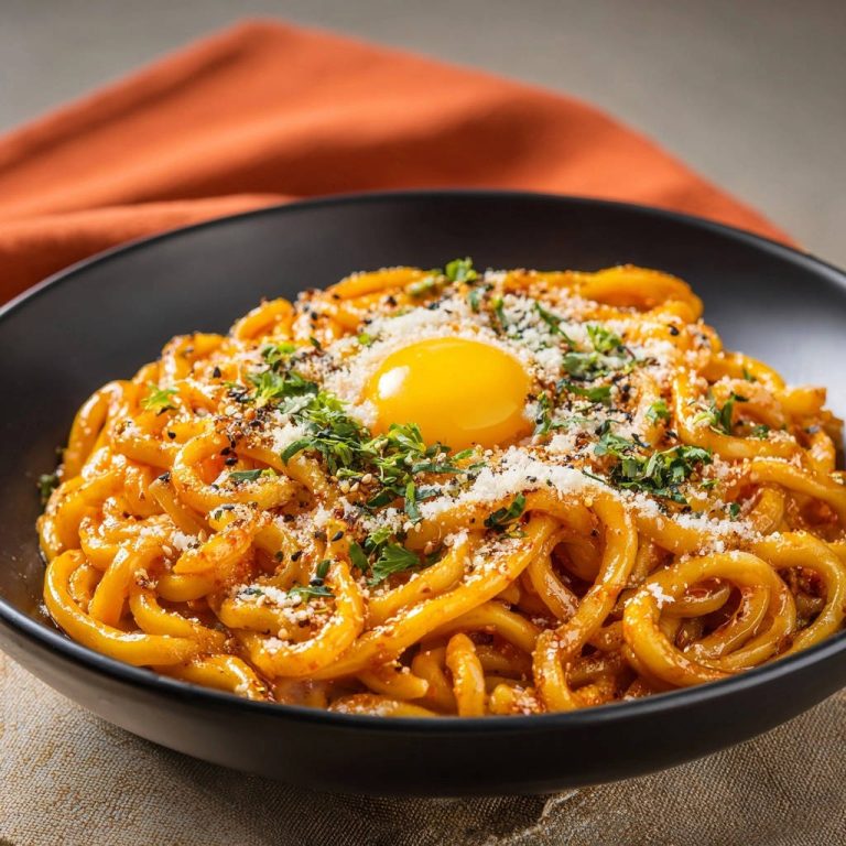 Cremige Umami Udon mit einem leuchtend orangen rohen Eigelb, garniert mit frischer Petersilie und Parmesan