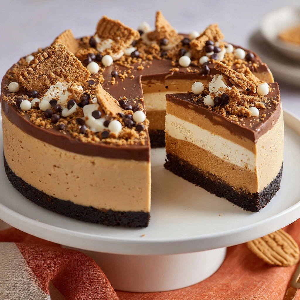 Cremiger Biscoff-Cheesecake angeschnitten, zeigt die geschichteten Ebenen und die reichhaltige Schokoladenglasur mit Keksstücken.