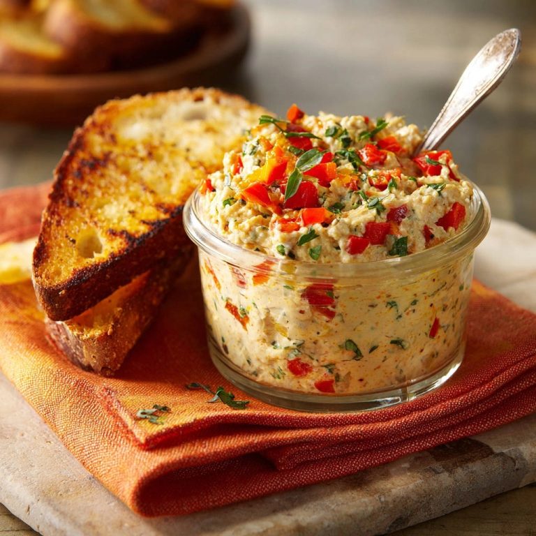 Cremiger Paprika-Kräuter-Aufstrich im Glas mit Löffel und geröstetem Brot, detaillierte Nahaufnahme.