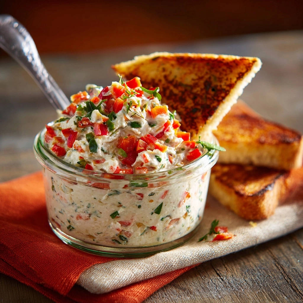 Cremiger Paprika-Kräuter-Aufstrich im Glas mit geröstetem Brot, ein leckerer Dip für jeden Anlass.