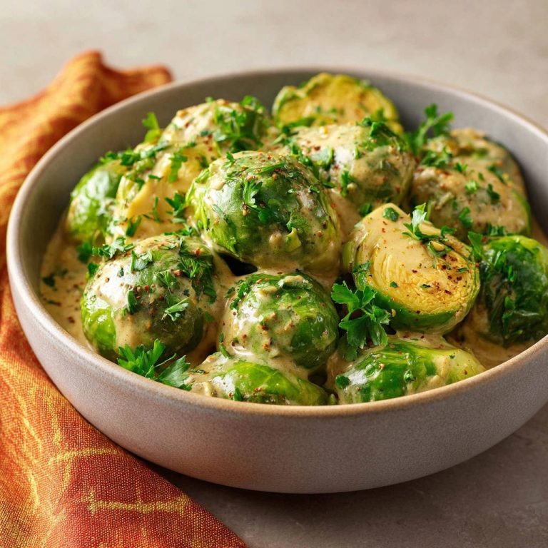 Cremiger Rosenkohl mit Senfsoße, nahaufnahme der mit Petersilie und Senfkörnern garnierten Kohlköpfe in einer grauen Schüssel.