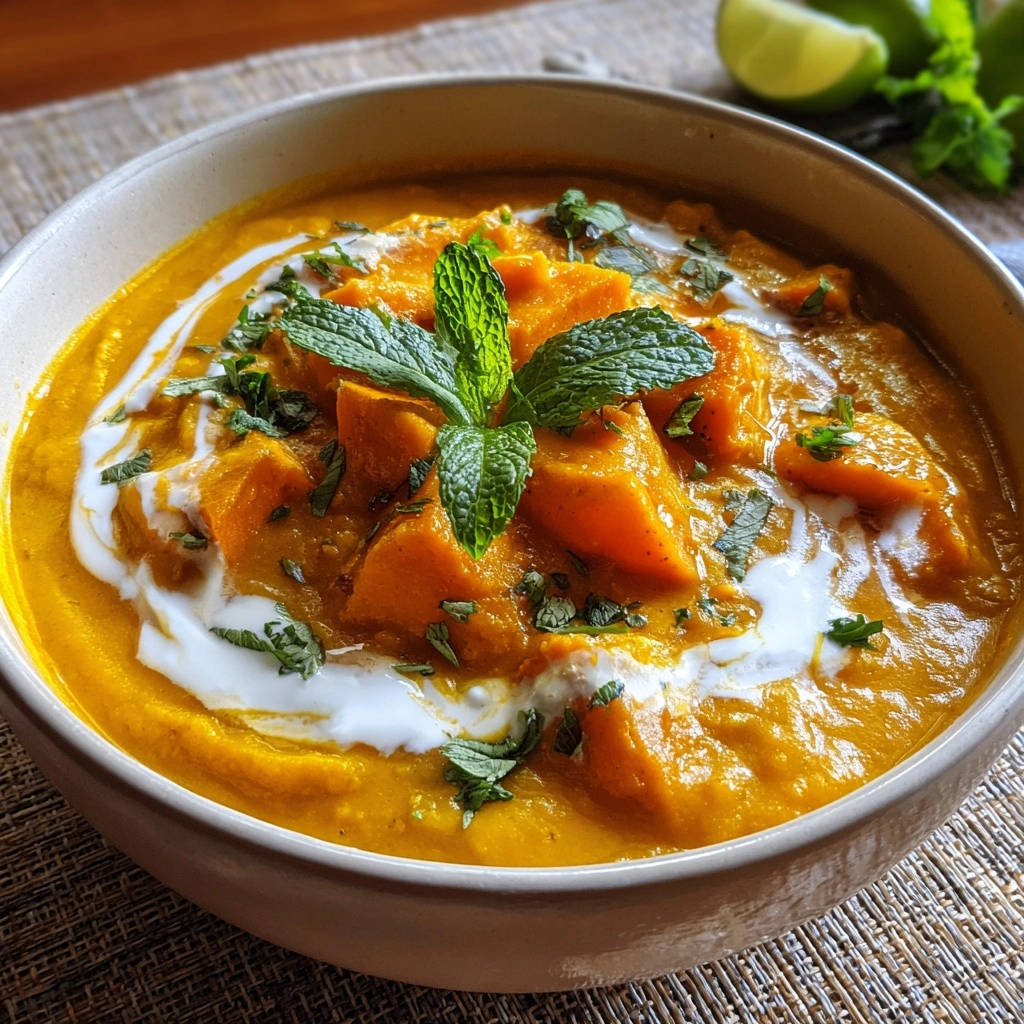 Cremiges Süßkartoffel-Curry mit Kokosmilch und Minze, garniert mit frischen Kräutern und einem Swirl aus Kokoscreme.