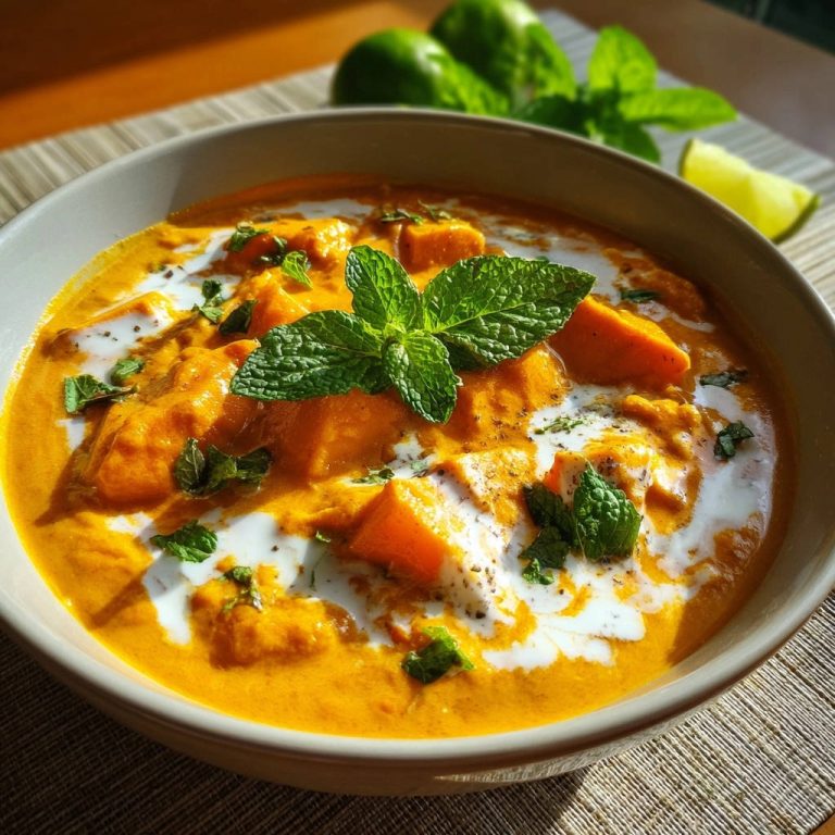 Cremiges Süßkartoffel-Curry, garniert mit frischer Minze und einem Hauch Kokosmilch in einer Schüssel.