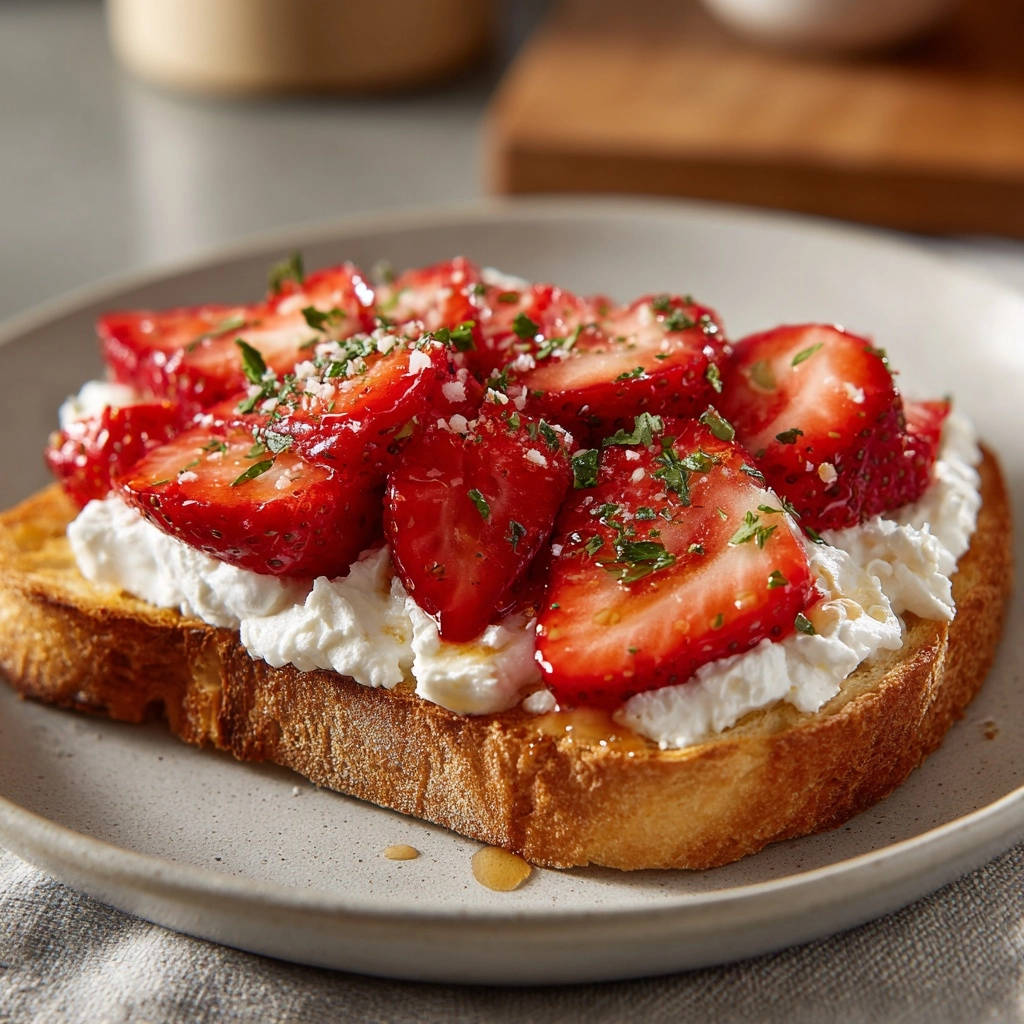 Erdbeer-Ricotta-Toast mit frischen Erdbeeren, garniert mit Minze und Puderzucker auf geröstetem Brot.