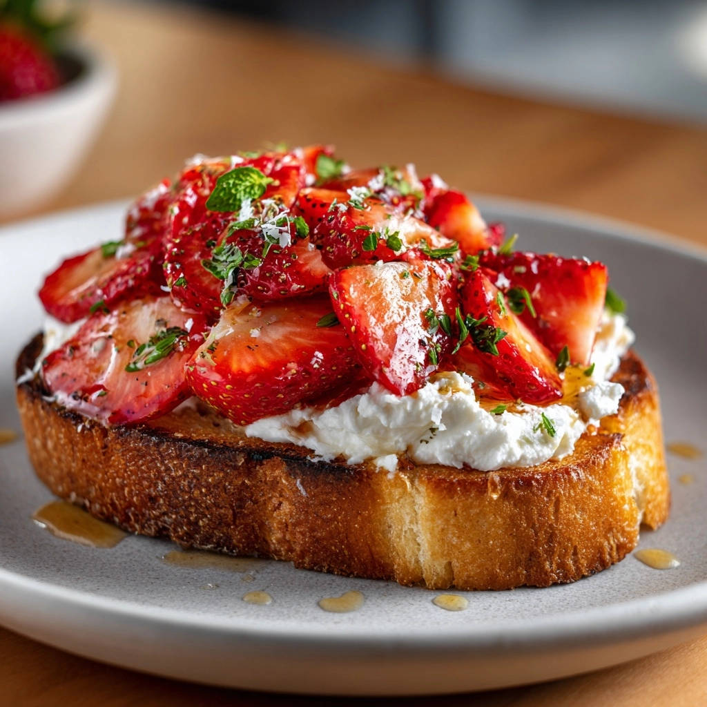 Erdbeer-Ricotta-Toast mit frischer Minze und Honig, nahaufnahme auf einer Scheibe Brot garniert mit Beeren und Käse.