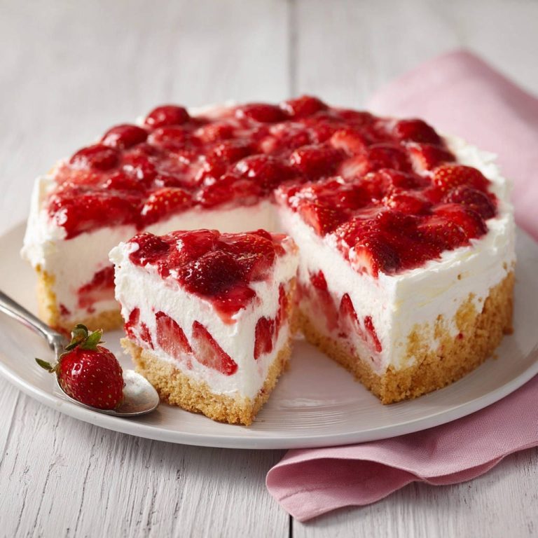 Erdbeer-Traum-Torte angeschnitten auf einem Teller mit einer Erdbeere auf einem Löffel, unwiderstehlich cremig und perfekt standfest.
