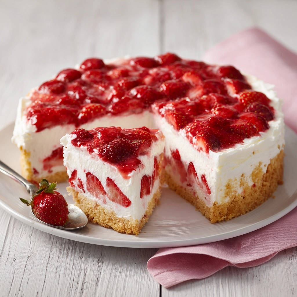Erdbeer-Traum-Torte angeschnitten auf einem Teller mit einer Erdbeere auf einem Löffel, unwiderstehlich cremig und perfekt standfest.