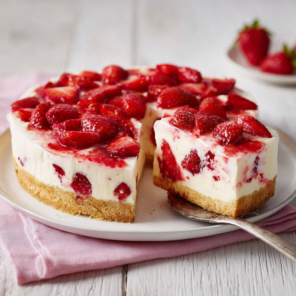 Erdbeer-Traum-Torte angeschnitten, die unwiderstehlich cremige Textur mit Erdbeeren und Keksboden zeigt.