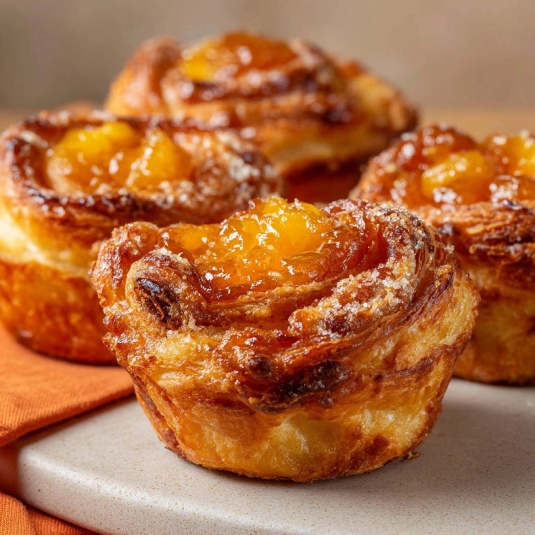 Fruchtige Blätterteig-Schnecken als Nahaufnahme mit glasiertem Früchtebelag und Zuckerstreuseln auf einer hellen Unterlage.