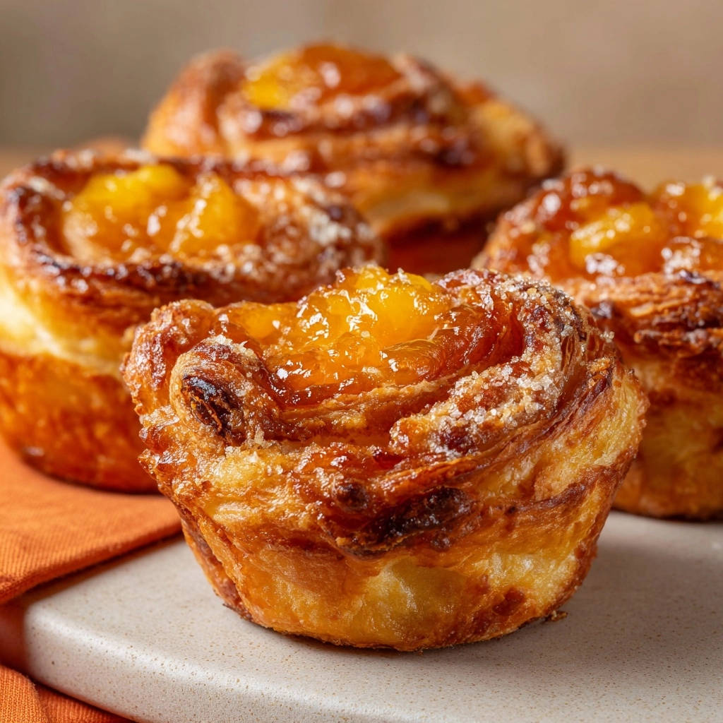 Fruchtige Blätterteig-Schnecken als Nahaufnahme mit glasiertem Früchtebelag und Zuckerstreuseln auf einer hellen Unterlage.