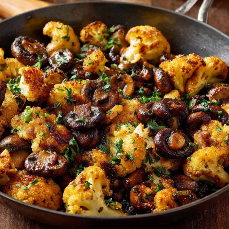 Gebratener Blumenkohl mit Champignons und Röstaromen, detailnah in einer Pfanne mit gehackter Petersilie garniert.