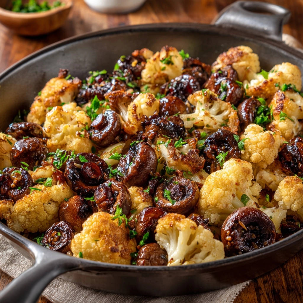 Gebratener Blumenkohl mit Champignons im Gusseisenkessel, garniert mit frischer Petersilie und mit Röstaromen.