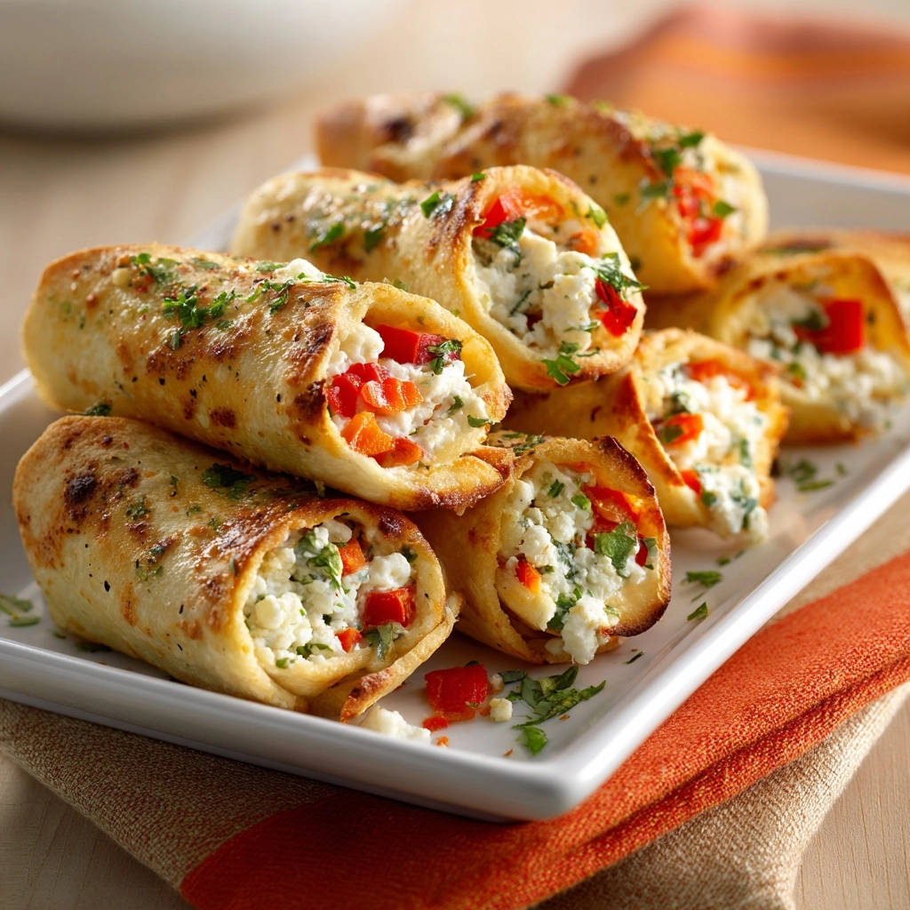 Gefüllte Feta-Paprika-Rollen mit einer Nahaufnahme des saftigen Inneren, das mit Feta und Paprika gefüllt ist.