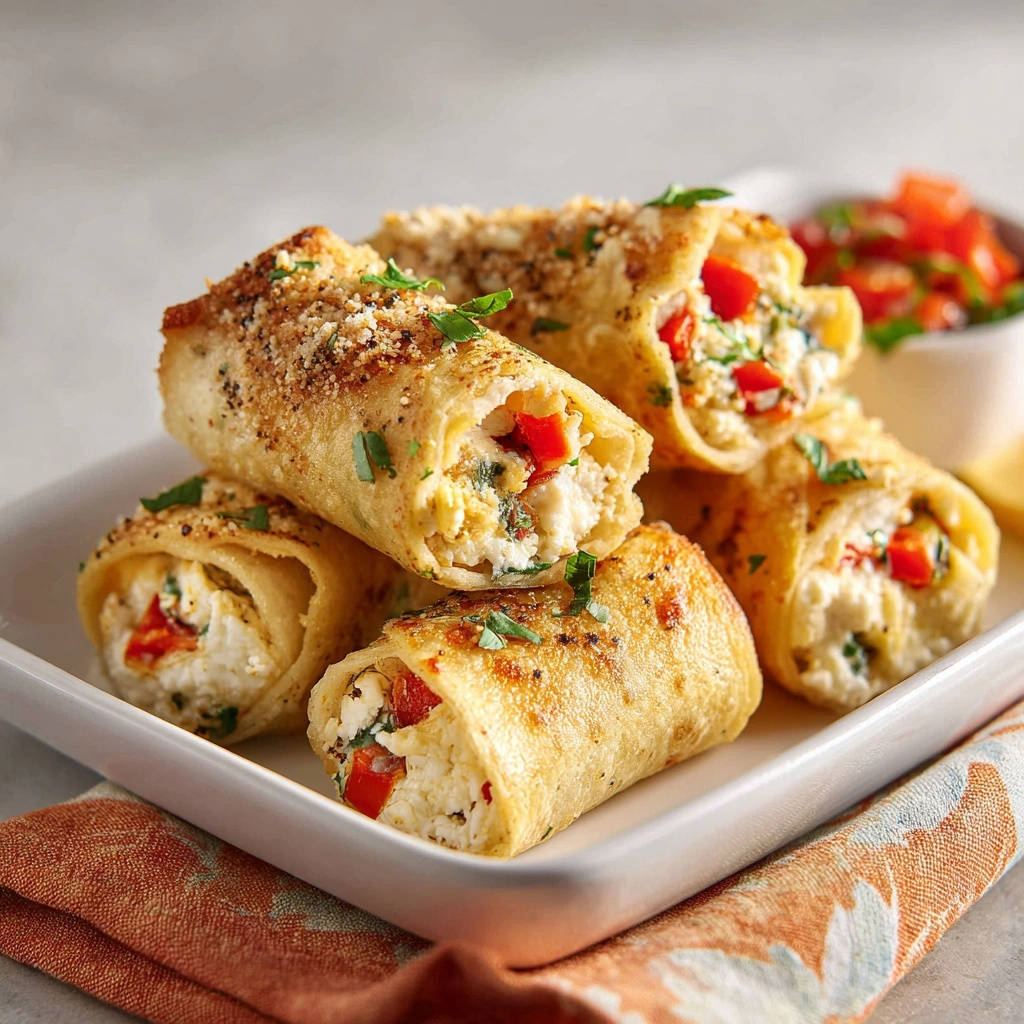 Gefüllte Feta-Paprika-Rollen als Nahaufnahme, die den saftigen Inhalt und die knusprige Kruste zeigt.