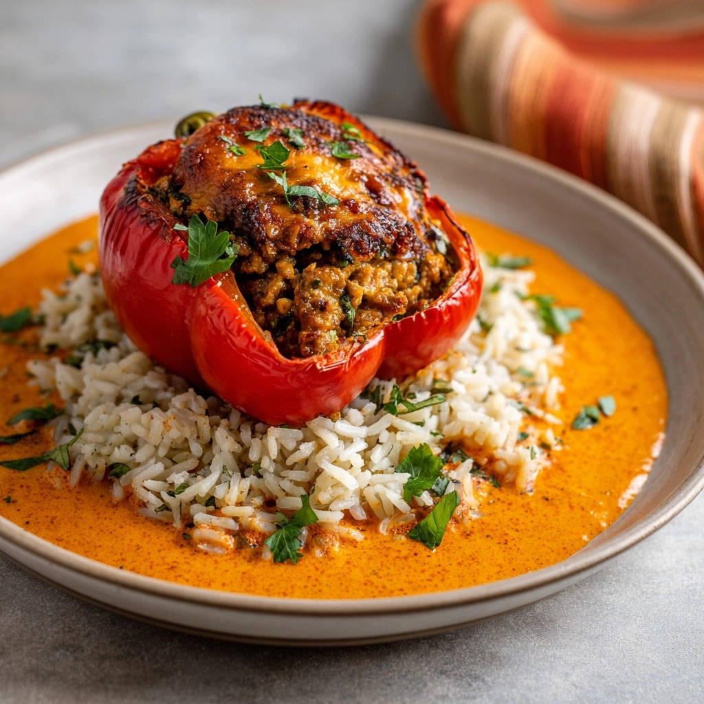 Gefüllte Paprika Deluxe auf Reis mit cremiger Sauce, nahaufnahme der gefüllten roten Paprika mit appetitlicher Füllung.