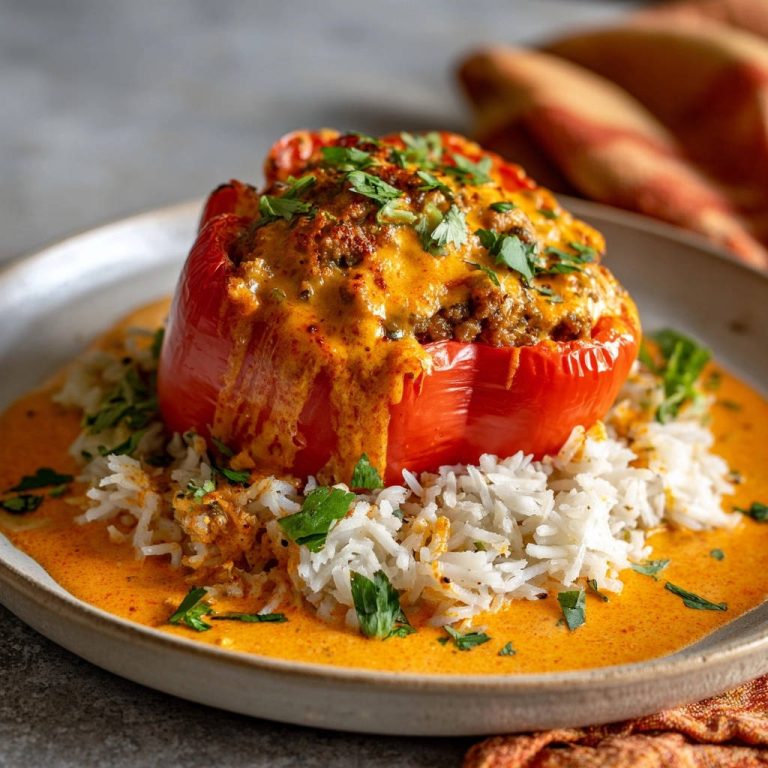 Gefüllte Paprika Deluxe auf Reis mit cremiger Sauce und frischer Petersilie, nahaufnahme des Gerichts