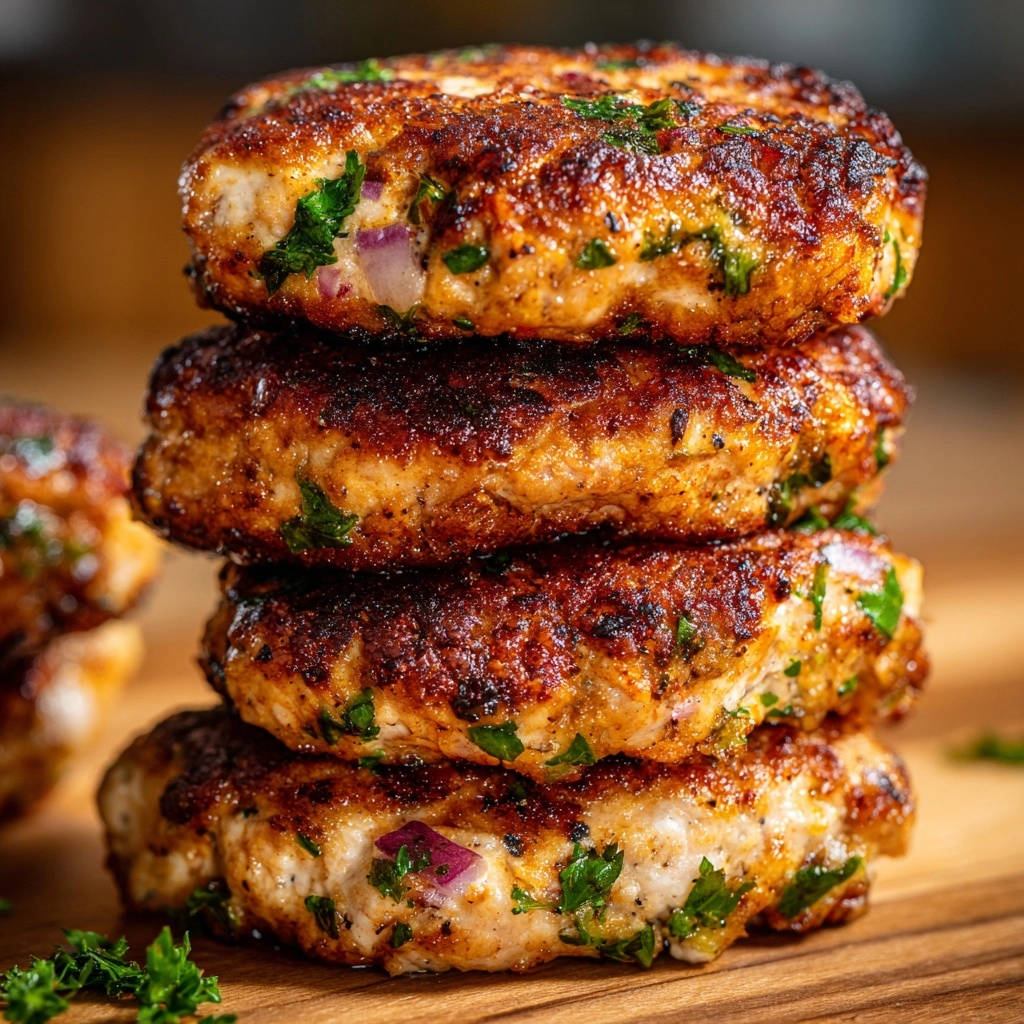 Goldbraune Hackfleisch-Patties saftig und nie wieder trocken, gestapelt auf einem Holzbrett mit frischen Kräutern.