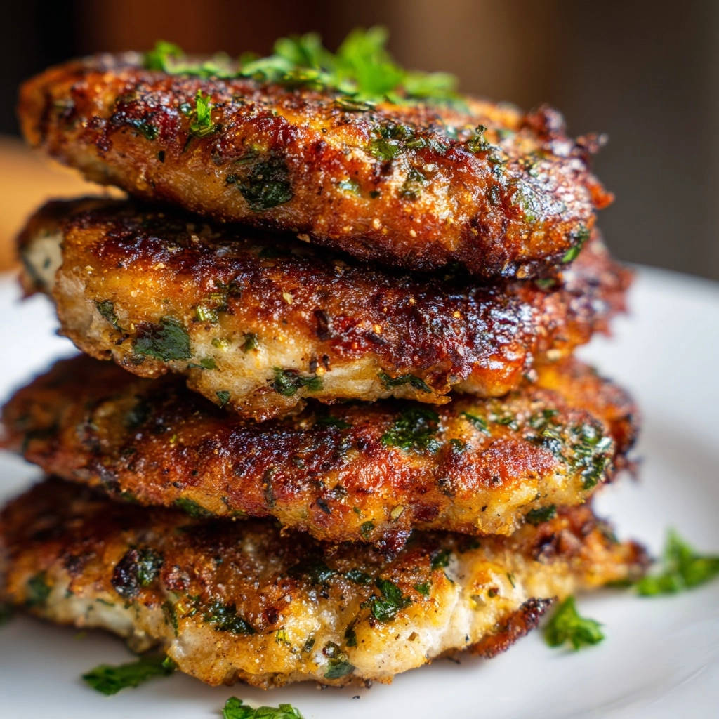 Goldbraune Hackfleisch-Patties werden saftig und nie wieder trocken als Stapel nahaufnahme präsentiert.