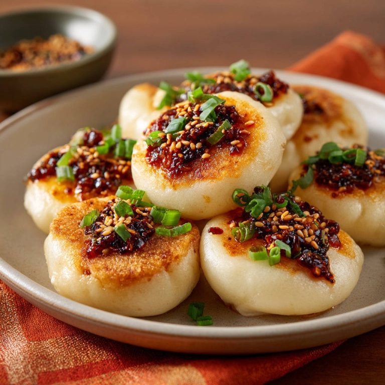 Goldbraune Pfannen-Buns mit Chili-Sesam-Topping, garniert mit Frühlingszwiebeln und Sesam, auf einem Teller serviert