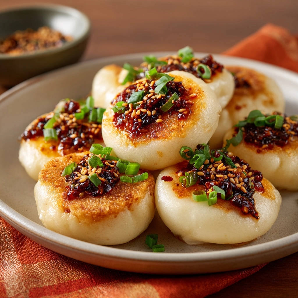 Goldbraune Pfannen-Buns mit Chili-Sesam-Topping, garniert mit Frühlingszwiebeln und Sesam, auf einem Teller serviert