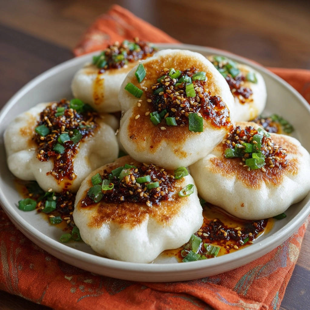 Goldbraune Pfannen-Buns mit Chili-Sesam-Topping, serviert auf einem Teller und mit Frühlingszwiebeln garniert.