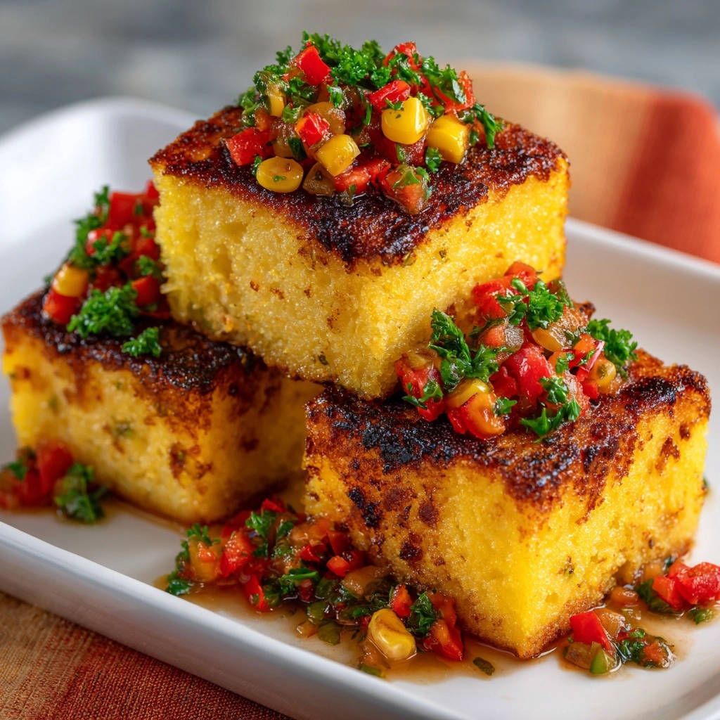 Goldbraune Polenta-Ecken mit frischer Salsa garniert, serviert auf einem weißen Teller mit detaillierter Nahaufnahme der würzigen Salsa und knusprigen Oberfläche.