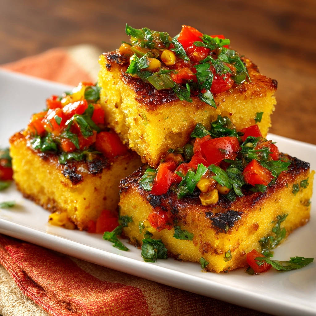Goldbraune Polenta-Ecken mit frischer Salsa, Nahaufnahme der knusprigen Textur und des bunten Toppings auf einem weißen Teller.