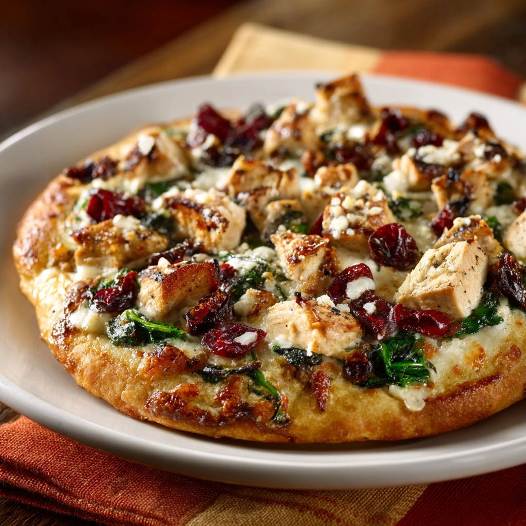 Goldene Hähnchen-Cranberry-Pizza als Nahaufnahme, mit saftigen Hähnchenstücken, Cranberries und Käse auf knusprigem Teig.