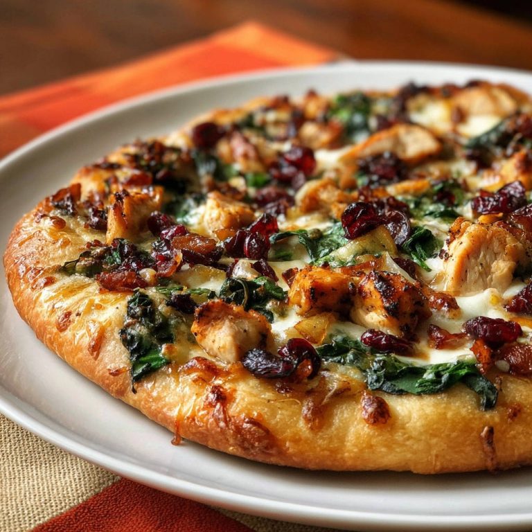 Goldene Hähnchen-Cranberry-Pizza auf einem weißen Teller, Nahaufnahme der knusprigen Kruste und Beläge.